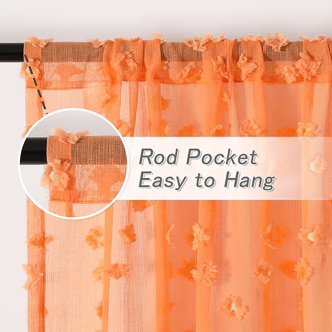 MYSKY HOME Pom Pom Orange Sheer Curtains for Bedroom Girls Room 120 Inch Curtains for Nursery Kids Light Filtering Boho Window Drapes, Rod Pocket, 52" Wide, 2 Panels