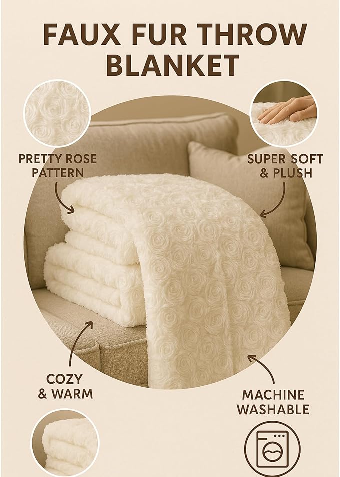 DaDa Bedding Luxury White Roses Fluffy and Cuddly Faux Fur with Sherpa Backside Fleece Cloud Throw Blanket - Super Soft Warm Plush Luxe Solid Toss for Sofa, Couch or Bed - 63" x 90"