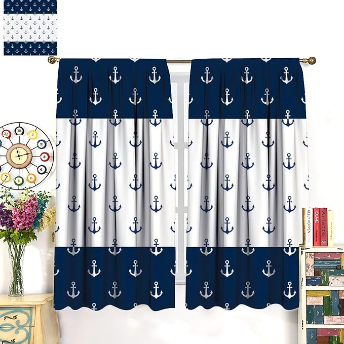 Anchor Pattern Curtains, Nautical Theme Navy Blue White Anchor Sea Life Adventure Print Blackout Window Treatments for Living Room Boys Men's Bedroom 55x63in
