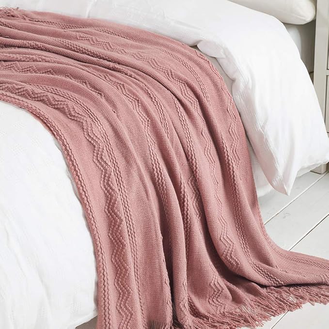 BOURINA Coral Pink Throw Blanket 50x60 Inches Throw Textured Solid Soft Sofa Couch Decorative Knit Blanket