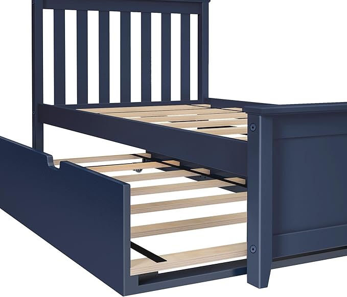 Max & Lily Twin Bed, Wood Bed Frame with Headboard For Kids with Trundle, Slatted, Blue