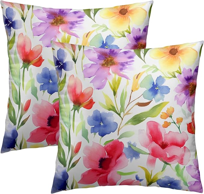Spring Summer Throw Pillow Covers - Watercolor Flowers Pillow Covers 22x22 Inch Set of 2 Floral Pillowcase Botanical Blossom Cushion Cover for Couch Sofa Garden Patio