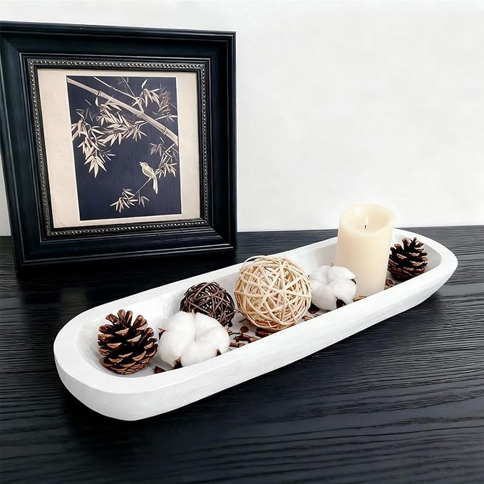 Wooden Dough Bowls Decorative，Rustic Bread Long Bowls Decor Wood Tray, Hand Carved For Table Centerpiece Decor, Home Decor(20 * 6 * 2 inch white)