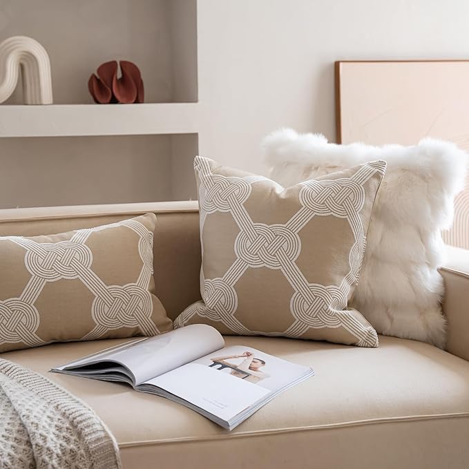 Premium Throw Pillow Covers 20x20 Inches - Oatmeal Gordian Knot Accent Chenille Jacquard Embroidery Decorative Couch Pillow Covers for Living Room Bedroom Sofa Home Décor
