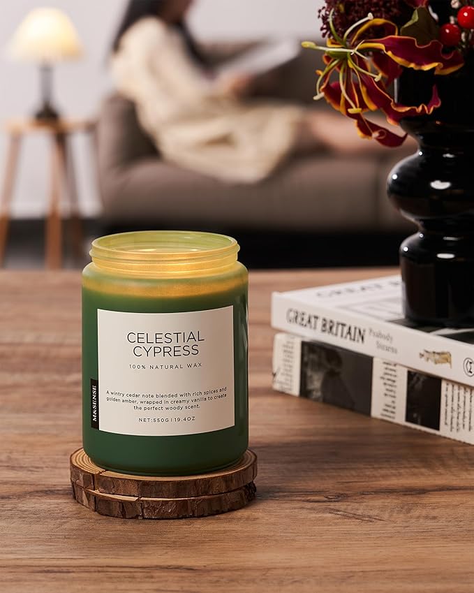 M&SENSE Celestial Cypress - Cedar & Spice Soy Jar Candles, Cedarwood Cardamom Large Winter Scented Candles 19.4oz 110 Hour Long Lasting Burn, Non Toxic Natural Warm Woody Scent Gifts for Men Women