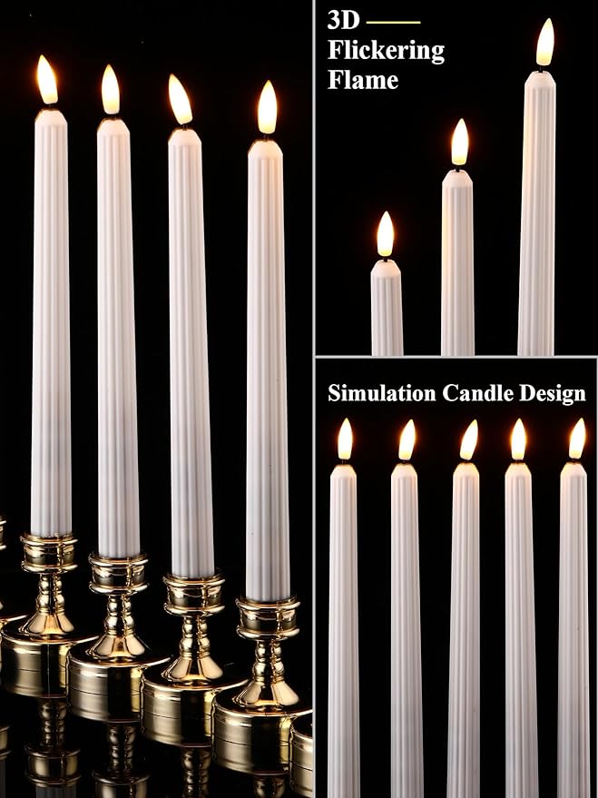 Treela 24 Pcs Flameless Taper Candles Battery Operated Bulk Fake 11 Inch Candles Light LED Candlesticks Flickering Tapered for Wedding Halloween Christmas Decoration(White,Roman Column)