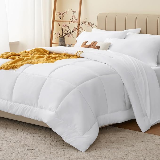 CozyLux Queen Comforter Set White, 7 Pieces Bed in a Bag, White Comforter Queen Size, All Season Bedding Sets with Stitch Quilted Comforter, Flat Sheet, Fitted Sheet, Pillowcases