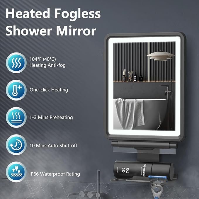 Heated Shower Mirror Fogless for Shaving, 3 Colors Stepless Dimmable Lights Fogless Mirror for Shower, Rechargeable Anti Fog Shaving Mirror for Shower with Razor Holder for Men, Light Memory Function