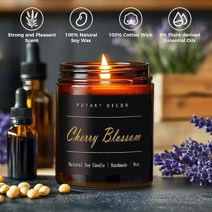 Cherry Blossom Highly Scented Candle for Home, 9oz Natural Soy Aromatherapy Non Toxic Candles with Essential Oil, Home Fragrance Stress Relief & Meditation Jar Candles Gifts for Women & Men