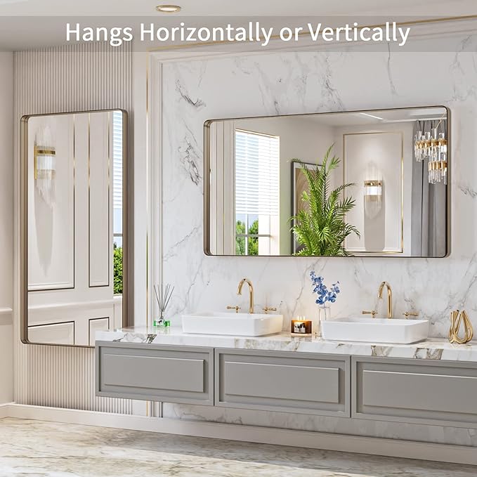 LOAAO 55”X30” Bronze Bathroom Mirrors for Vanity, Rounded Rectangle Brushed Bronze Metal Frame Mirror, Anti-Rust, Tempered Glass, Hangs Horizontally or Vertically