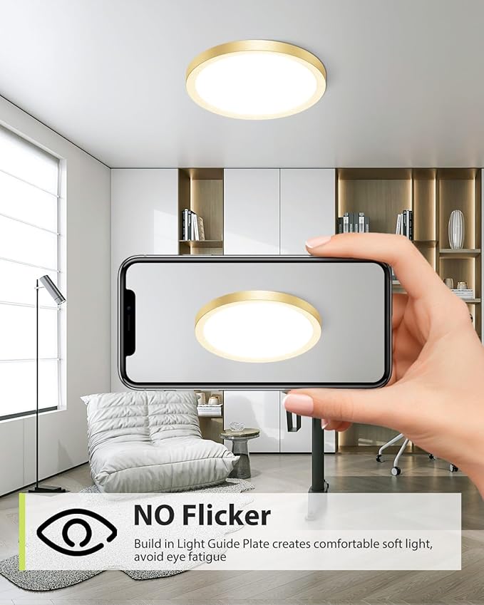 hepside 4PACK Flush Mount LED Ceiling Light Fixture Golden, 12Inch 28W, Dimmable 3000K-4500K-6000K 3 Color Selectable Ceiling Lamp 3200LM Low Profile Ceiling Light for Kitchen Bedroom Hallway