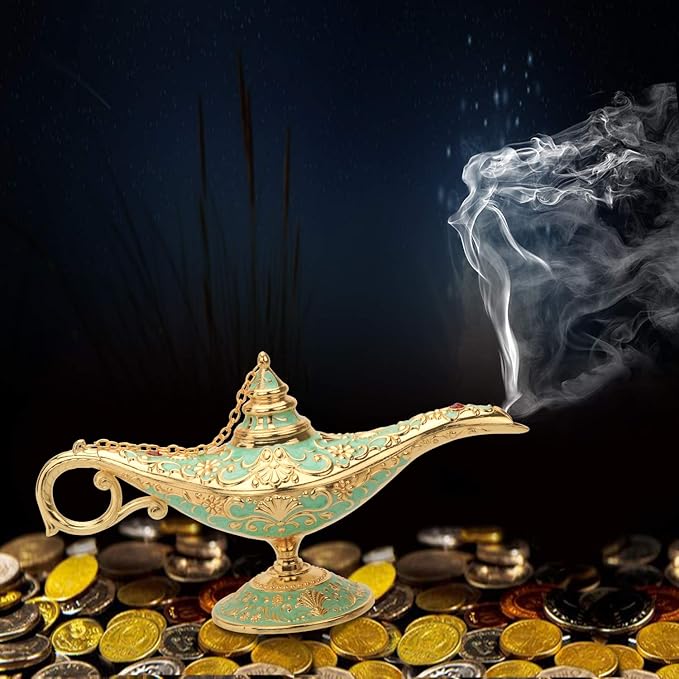 K COOL Classic Aladding Magic Genie Lamp Legend Wishing Light Costume Lamp Metal Carved Cone Incense Burner for Home Tabletop Decoration Party Birthday Halloween Christmas(Light Jade Green)