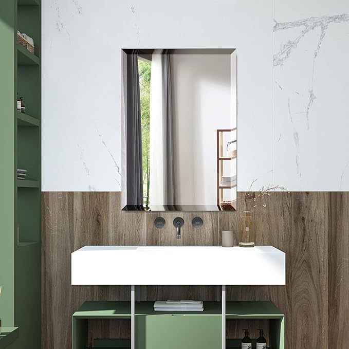 Mirrorons Beveled Mirror, Bathroom Mirrors for Wall 20" x 28", Frameless Rectangle Bathroom Mirror with Beveled Edge, Hangs Horizontally or Vertically, Upgraded Packing