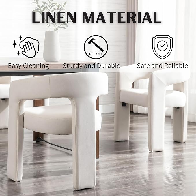 Modern Barrel Dining Chairs Set of 6, Linen Upholstered Accent Chairs with Arms Comfy Makeup Vanity Chairs, Dining Living Room Kitchen Chairs, Beige
