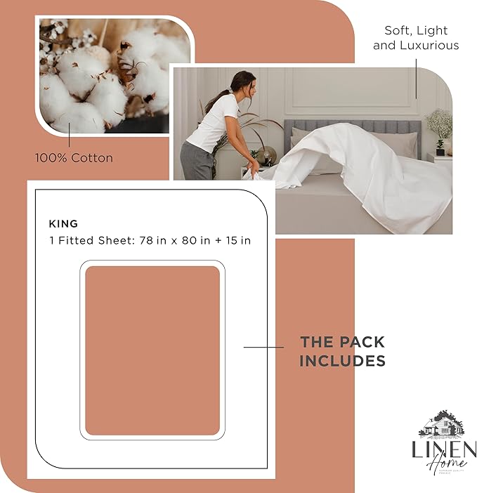 Linen Home 100% Cotton Percale Weave Fitted Sheet, King Size, Tera Clay, 1 Deep Pocket Fitted Sheet, Fits Mattress Upto 16" Crisp and Cool Strong Bed Linen, 78"X80"+15"