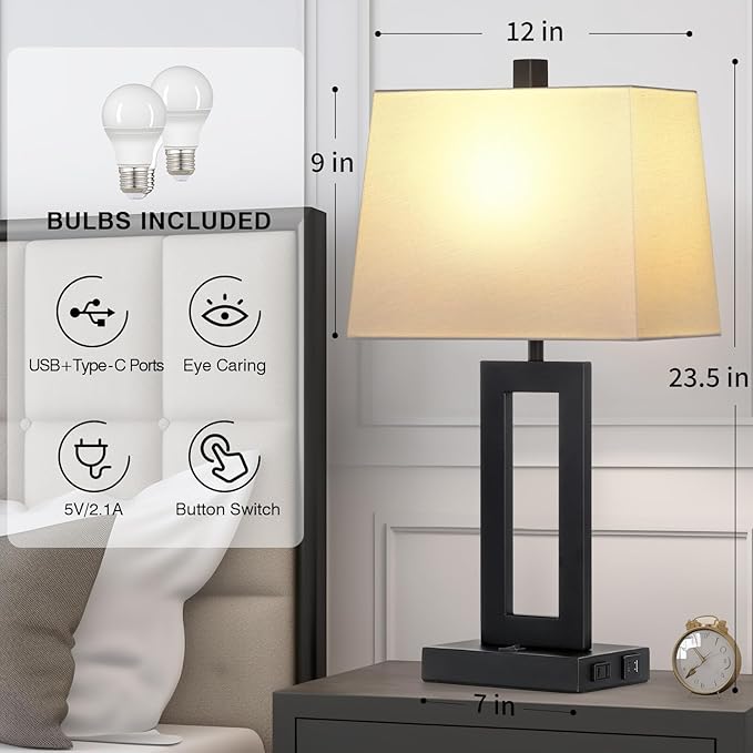 Table Lamp Set of 2 with USB C+A Ports & AC Outlet, Bedside Lamps, Modern Bedroom Lamps, Black Lamps for Night Stands Bedroom Living Room,Nightstand Lamp