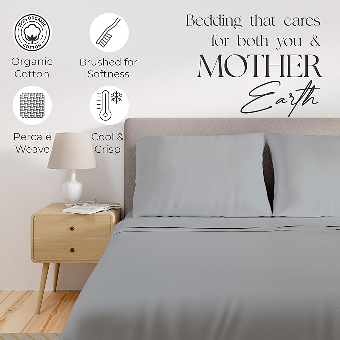 SUPREME ELEGANCE 100% Organic Cotton Percale Twin Sheet Set – Crisp & Breathable Cooling Cotton Bedding, Deep Pocket Fits up to 18″, Soft & Durable, Silver, 3-Piece Set