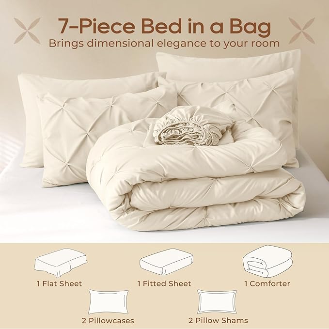 Sasttie King Size Comforter Set, 7-Piece Bed in a Bag, Pintuck Bedding Set for All Season, Includes Comforter, Flat Sheet, Fitted Sheet, Pillowcases and Pillowshams, Beige