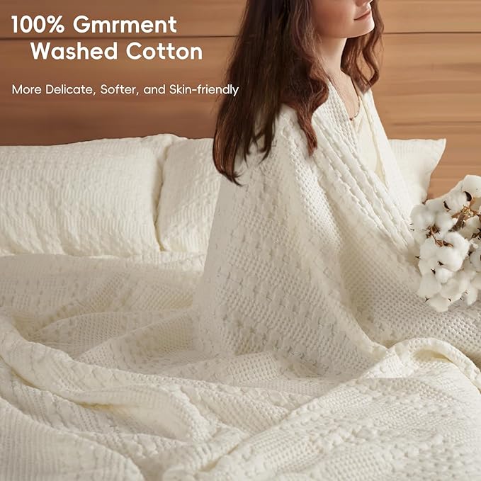 PHF 100% Cotton Waffle Blanket Oversized King 120"x120", Lightweight Breathable Extra Large 10'x10' Blankets for Bed, Giant Big Luxury Aesthetic Woven Bedding for Home Decor, Ivory