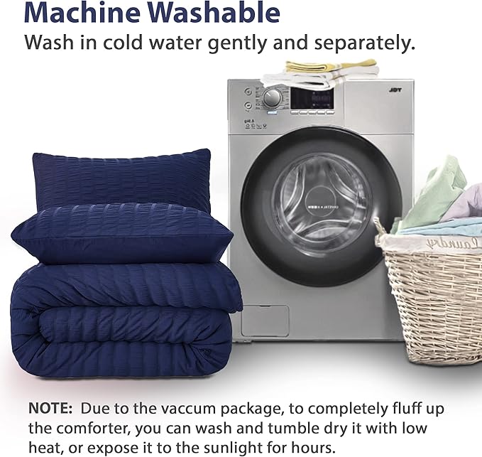 AveLom Seersucker Full Comforter Set (80x90 inches), 3 Pieces - 100% Soft Washed Microfiber Lightweight Comforter with 2 Pillowcases, All Season Down Alternative Comforter Set for Bedding, Navy