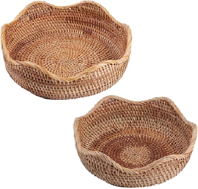 Handmade Rattan Round Fruit Basket Food Storage Bowls Kitchen Organizer Snack Serving Bowl 9 10 Inch Wavy Edge Circle Tray Basket with 3” Deep Wall, Boho Décor Display Tray Bowl (2-Size Kit)