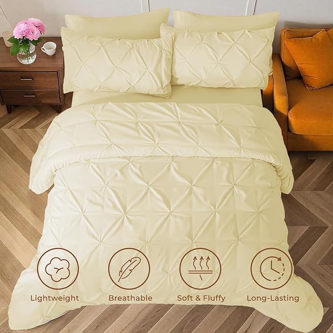 Sasttie King Size Comforter Set, 7-Piece Bed in a Bag, Pintuck Bedding Set for All Season, Includes Comforter, Flat Sheet, Fitted Sheet, Pillowcases and Pillowshams, Pale Yellow