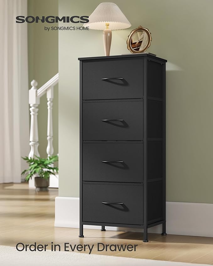 SONGMICS Dresser for Bedroom, Chest of Drawers, Steel, MDF, 4 Non-Woven Fabric Drawers, Storage Organizer Unit, Closet, Entryway, Ink Black and Ebony Black ULGS314B01S