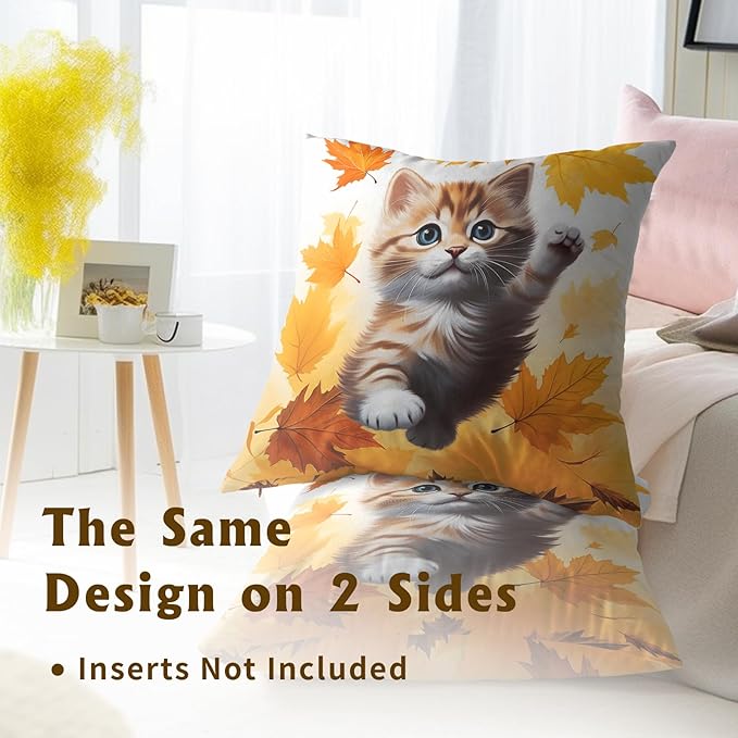 Fall Cat Throw Pillow Covers - Kitten Throw Pillow Covers Set of 2 Maple Leaf Pillows Case 22x22 Inch Autumn Pet Decorative Pillowcase for Bed Living Room Outdoor