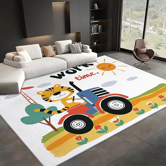 Area Rug for Living Room 8x10 ft Cartoon Farm Tiger Tractor Washable Low Pile Rugs Indoor Non Slip Floor Rugs, Ultra Soft Faux Wool Carpet for Bedroom Dining Room Kids Room