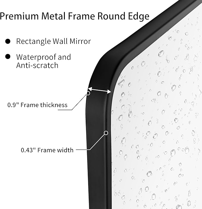 30"x40" Bathroom Wall Mirror with Matte Black Metal Frame & HD Glass, Copper-Free Mirrors Modern Rectangle Round Corner Framed Vanity Mirror - Horizontal or Vertical Installation