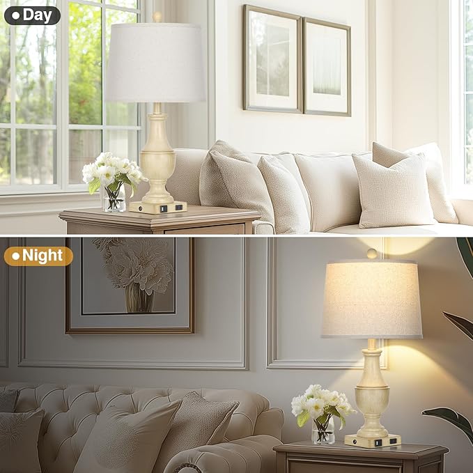 Farmhouse Lamps Set of 2, Vintage Rustic 3-Way Dimmable Touch Control Table Lamp with USB A+C Charging Ports & AC Outlet, Retro Resin Bedside Lamp Linen Shade for Bedroom Office Antique White