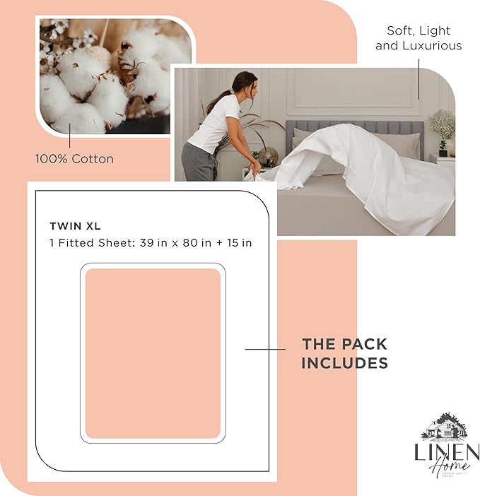 Linen Home 100% Cotton Percale Weave Fitted Sheet, Twin XL Size, Tropical Peach, 1 Deep Pocket Fitted Sheet, Fits Mattress Upto 16" Crisp and Cool Strong Bed Linen, 39"X80"+15"