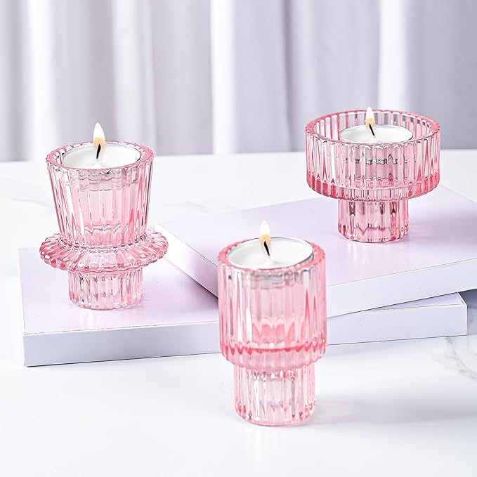 Taper Votive Candle Holder for Pillar Candles Tealight, Candlestick Holder for Wedding Christmas Tea Party, Boho Ribbed Vintage Crystal Glass Table Centerpiece Decor, Bulk Set of 6 (Pink)
