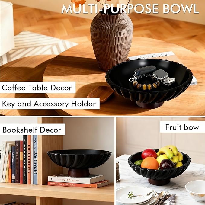 Black Concrete Bowl with Wooden Base, Modern Decorative Fruit Bowl for Table Centerpiece, Living Room or Kitchen Decor