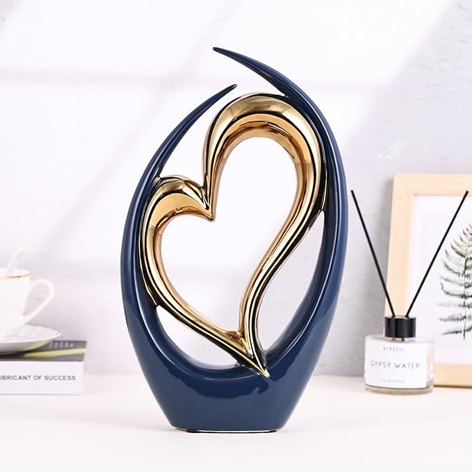 Ceramic Heart Decor Love Statue, Navy Blue Gold Double Hearts Sculptures for Home Table Centerpiece Decor, Valentine, Wedding, Decorative Items for Shelves, Coffee Table Decor (Hug Heart-Tall)