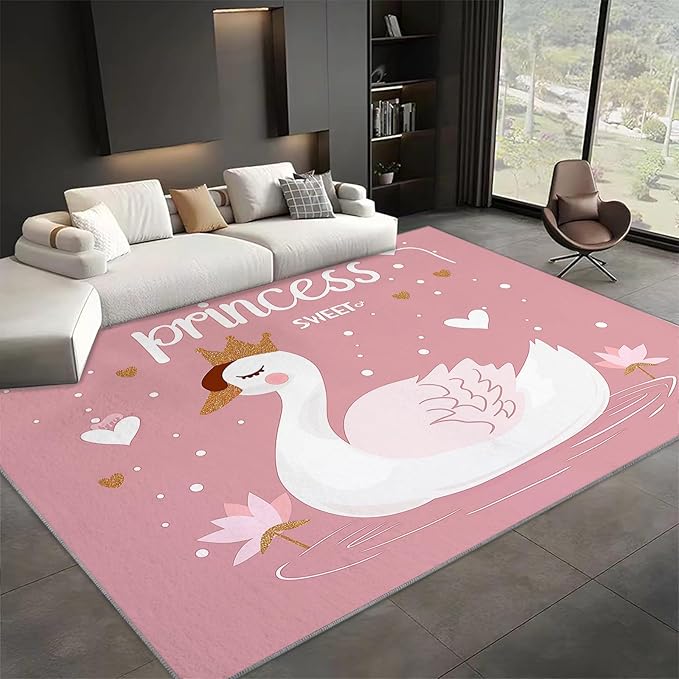 Washable Area Rug 4x6 ft Cartoon Swan Princess Peach 3D Print Area Rug for Living Room Bedroom Kids Room Home Decor Carpet, Indoor Non-Slip Floor Rug Mat, Low Pile Rugs