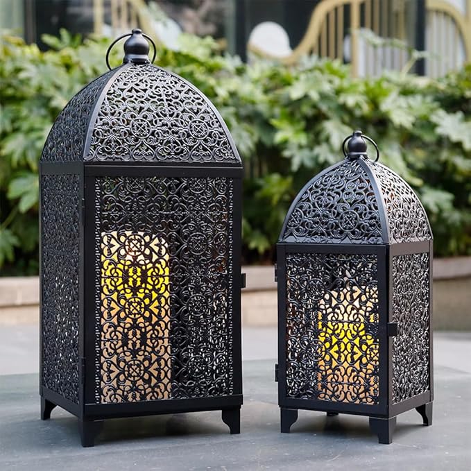 TRIROCKS Set of 2 Vintage Decorative Candle Lantern 12''&16.5'' High Metal Candle Holder Hanging Lantern with Hollow Pattern for Living Room Garden Parties Events Indoors Outdoors(Black)