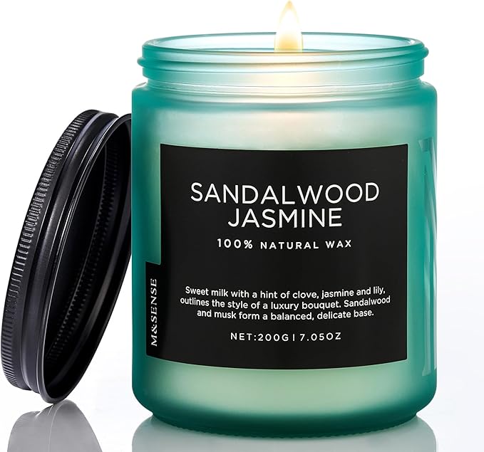 M&SENSE Sandalwood Jasmine Scented Candles, Natural Soy Wax Best Smelling Candle 7.05oz 50 Hour Burning，Floral Non Toxic Single Cotton Wick Aromatherapy Gifts for Women Friend