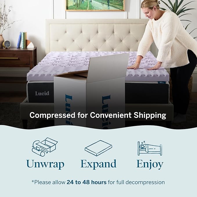LUCID Lavender Infused 3 Inch Memory Foam Mattress Topper with 5 Zones – California King Size – Plush Feel – CertiPUR Certified – Dorm Room Essentials