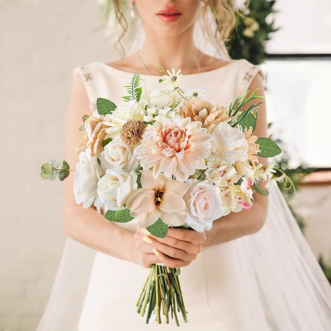 AmyHomie Nude Color Artificial Flowers Combo Silk Mix Peony Rose Fake Flowers w/Stem for DIY Wedding Bouquets Centerpieces Arrangements Table Fall Decor Party Bridal Baby Shower Home Decorations