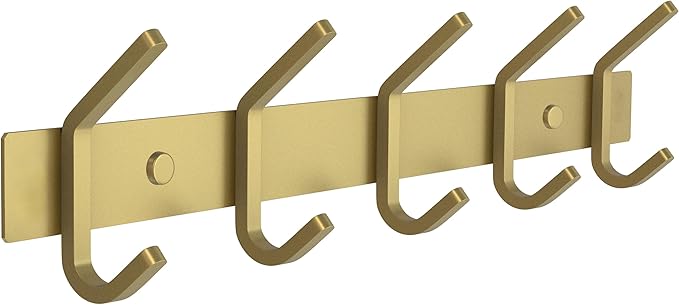 Brushed Gold Wall Mounted Coat Rack – 15 Inch Stainless Steel Rail with 5 Double Coat Hooks for Entryway, Bathroom, Bedroom, Kitchen – Modern Gold Hook Rack for Coats, Hats, Towels