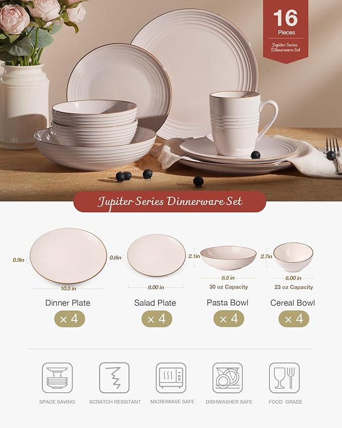 Famiware Jupiter Dinnerware Set with Pasta Bowl, Plates and Double Bowls Dish Sets for 4 (16 Pieces), Microwave and Dishwasher Safe, Chip and Scratch Resistant, Light Pink