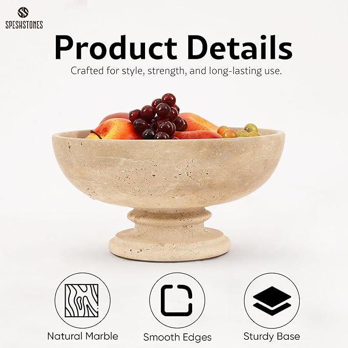 Marble Fruit Bowl 10 Inch Handmade Travertine Large Decorative Bowls for Kitchen Counter Decor - Pedestal Candy Bowl for Coffee Table, Entryway, Dining Table Centerpiece & Home Decor