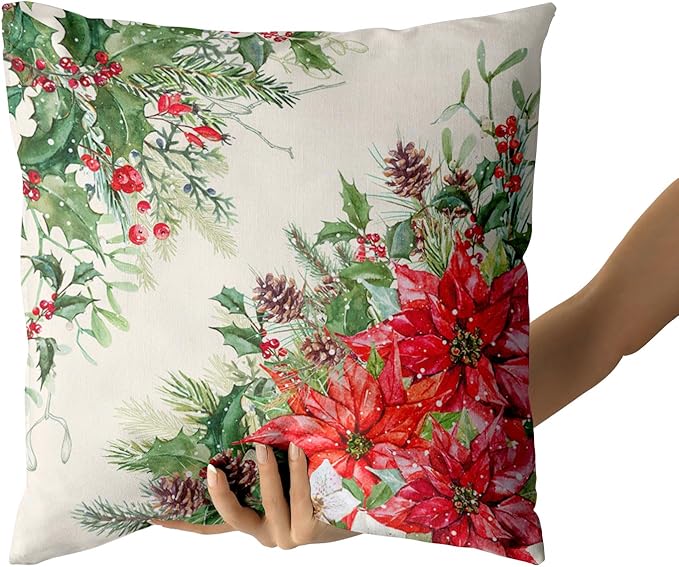 Giwawa Poinsettia Throw Pillow Covers Set of 2, 16"x16" Christmas Holly Berries Pine Cones Winter Red Floral Decorative Square Pillow Cases, Soft Cotton Cushion Covers for Sofa Porch Bedding Decor
