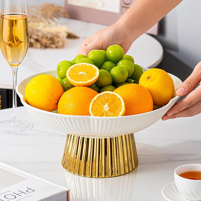 Ceramic Fruit Bowl, 11 Inch Large Table and Tea Coffee Pedestal Tray，Elegant and Practical Bread and Fruit Footed Bowls for Kitchen Counter, Salad or Dessert Display Trays for Parties(White).