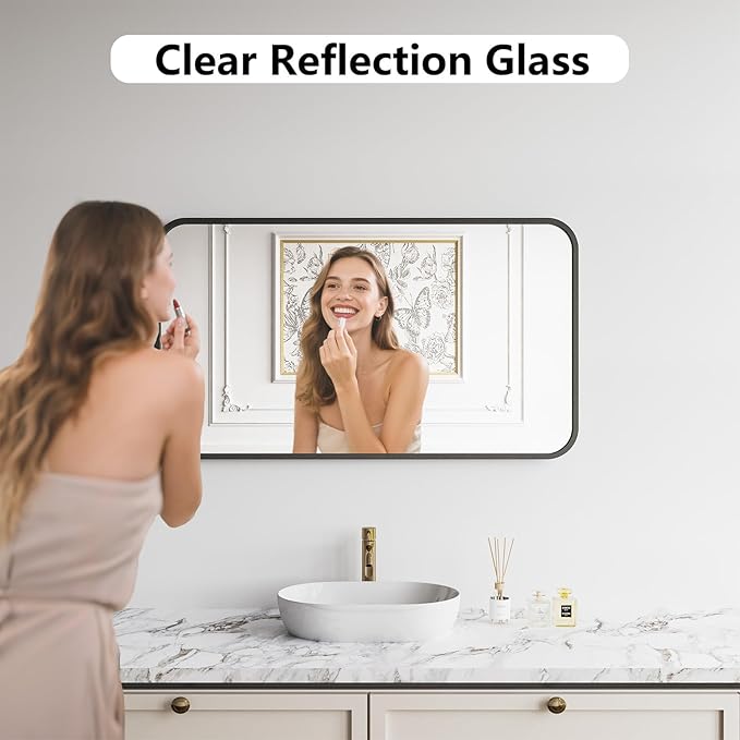 Metal Framed Bathroom Mirror, 24"X42" Anti-Rust Bathroom Vanity Mirror, High-Definition Tempered Glass Bathroom Mirrors for Over Sink, Modern Decorative Wall Mirror for Restroom
