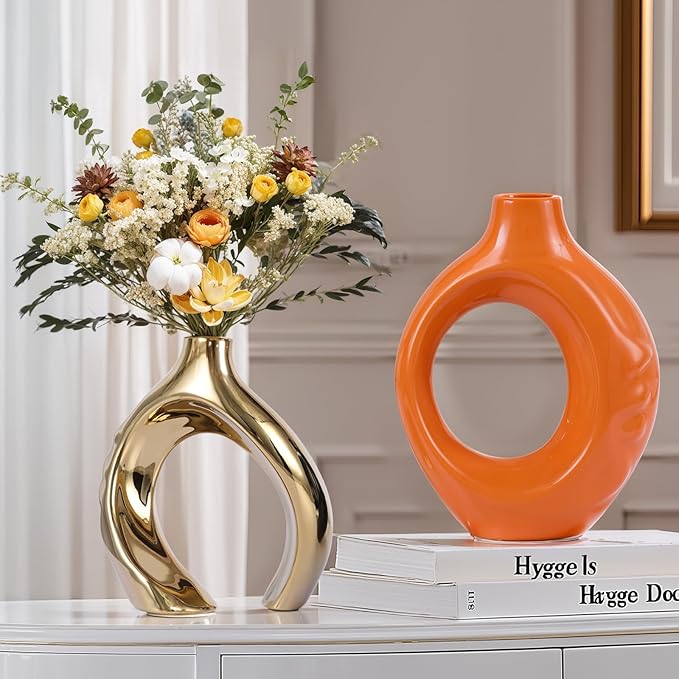 Orange Gold Ceramic Vase Set of 2 for Modern Home Decor,Round Boho Vase for Pampas Grass,Neutral Minimalist Statue for Dining Room Table Centerpiece Dining Room,Wedding Table Decoration
