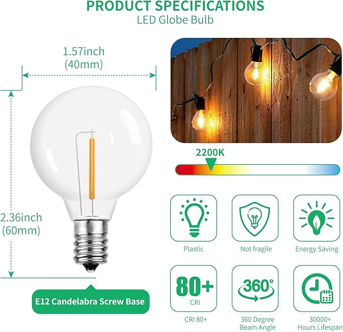 Meconard G40 Led Replacement Light Bulbs, 1.57 Inch 1 Watt Shatterproof LED Globe Bulbs for Indoor Outdoor String Lights, E12 or C7 Candelabra Screw Base Sockets, Warm White, 50 Pack
