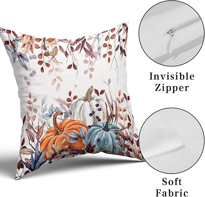 Giwawa Fall Pillow Covers Set of 2 16x16 Inch Orange Blue White Pumpkins Autumn Leaves Thanksgiving Cushion Covers Farmhouse Decorative Square Double Sided Throw Pillowcases for Indoor Outdoor Holiday