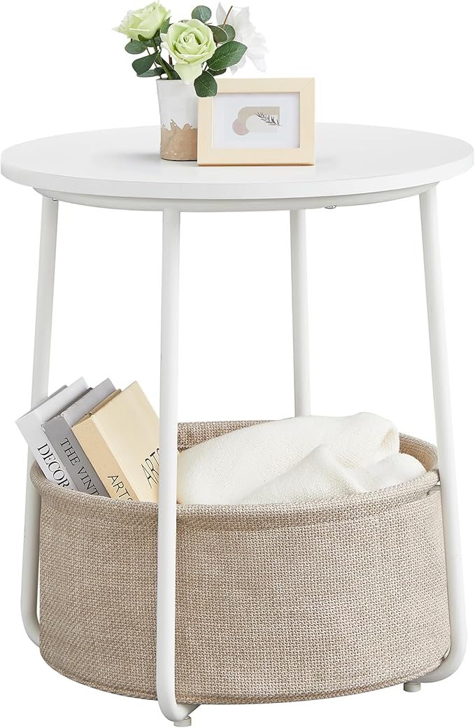 VASAGLE LILEA Collection - Small Round Side End Table, Modern Nightstand with Fabric Basket, Matte White and Camel Brown ULET223W10